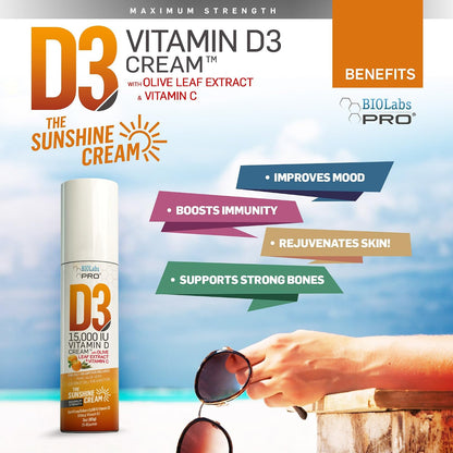 BIOLABS PRO Crema de Vitamina D3 15000 UI con K2 y Extracto de Hoja de Olivo - Máxima Potencia - Natural (85g) – Image 2