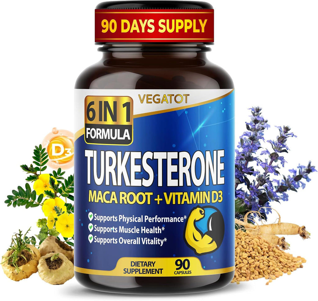 6 en 1 Turkesterone de Alta Concentración con Maca, Fenogreco, Tribulus, Ginseng y Vitamina D3 - 90 Cápsulas (Suministro 3 Meses)
