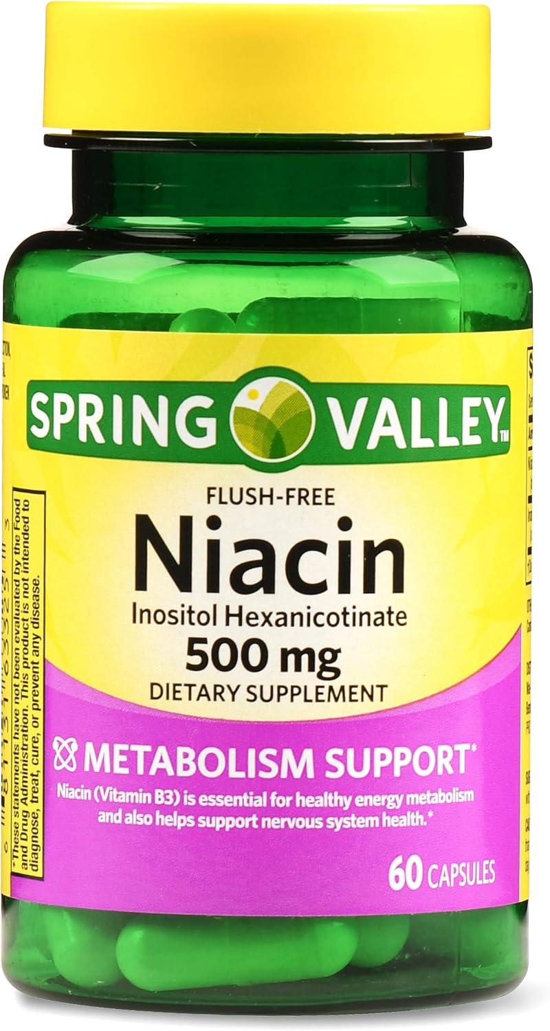 Spring Valley Niacina Sin Enrojecimiento 500 mg, Apoyo al Metabolismo, 60 Cápsulas (Pack de 2)