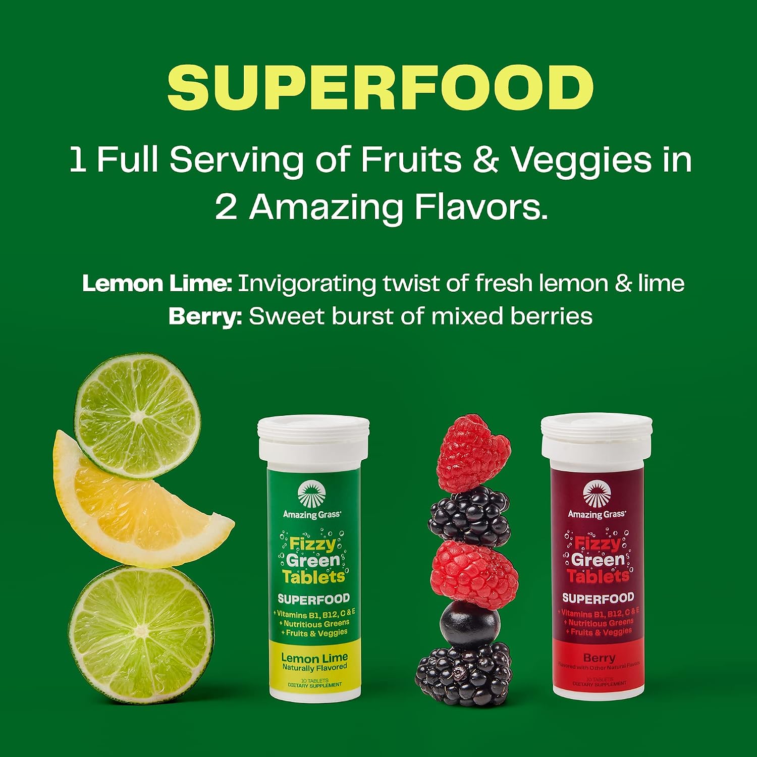 Amazing Grass Fizzy Green Tablets Superfood, Sabor Limón Lima, 30 Comprimidos (3 Tubos de 10)