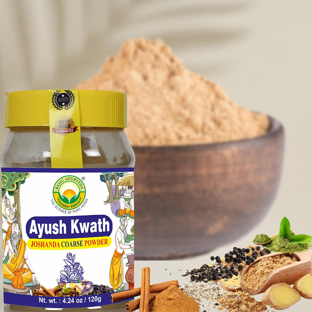 BASIC AYURVEDA Kwath Kadha Polvo Ayurvédico - Mezcla de Especias con Canela, Jengibre y Albahaca Santa - Infusión Herbal Orgánica - 120g
