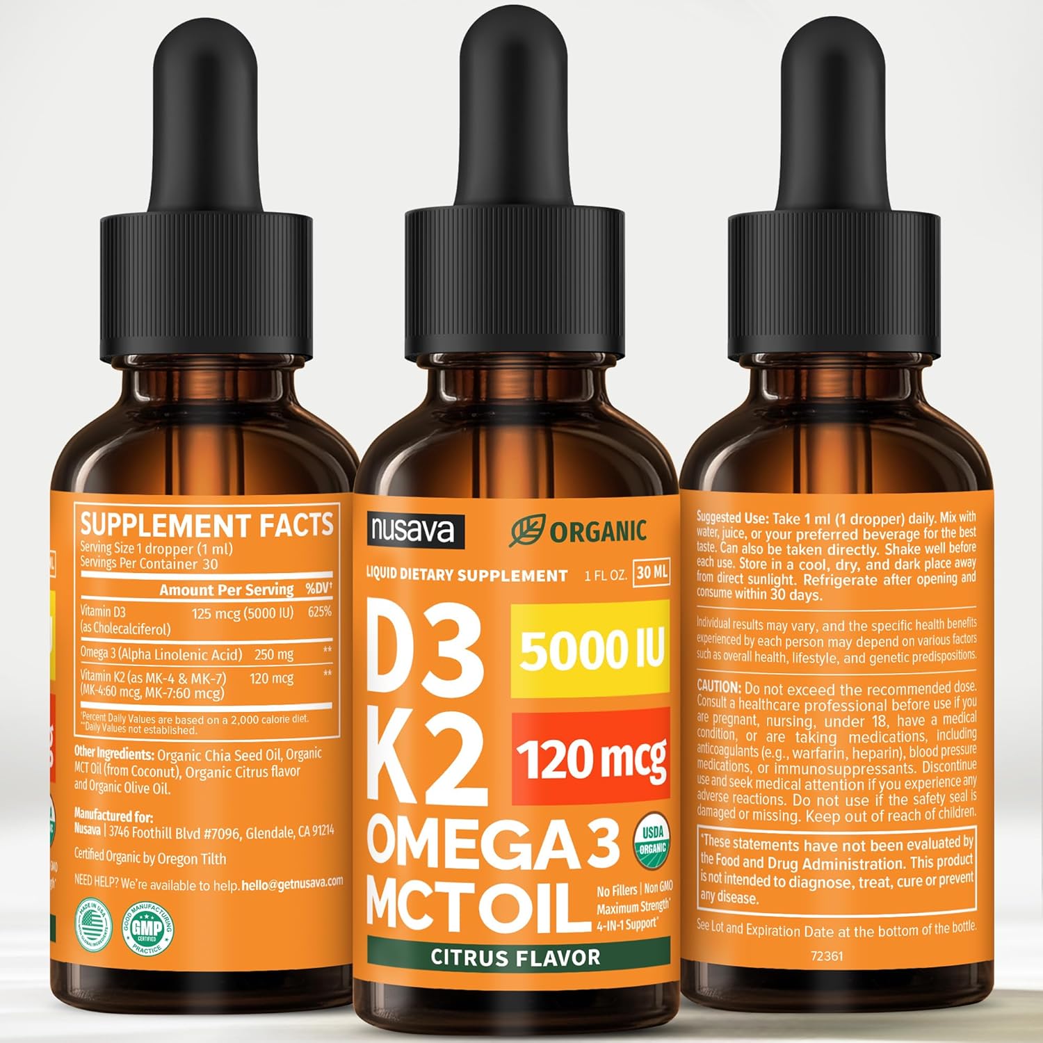 (2 Pack) Organic Vitamin D3 K2 Drops with MCT Oil & Omega 3 - Liquid Vitamin D3 5000 IU - K2 D3 Vitamin Supplement - Vitamin D Drops for Women & Men - No Fillers, Non-GMO, GMP, Citrus Flavor (2 Fl Oz)