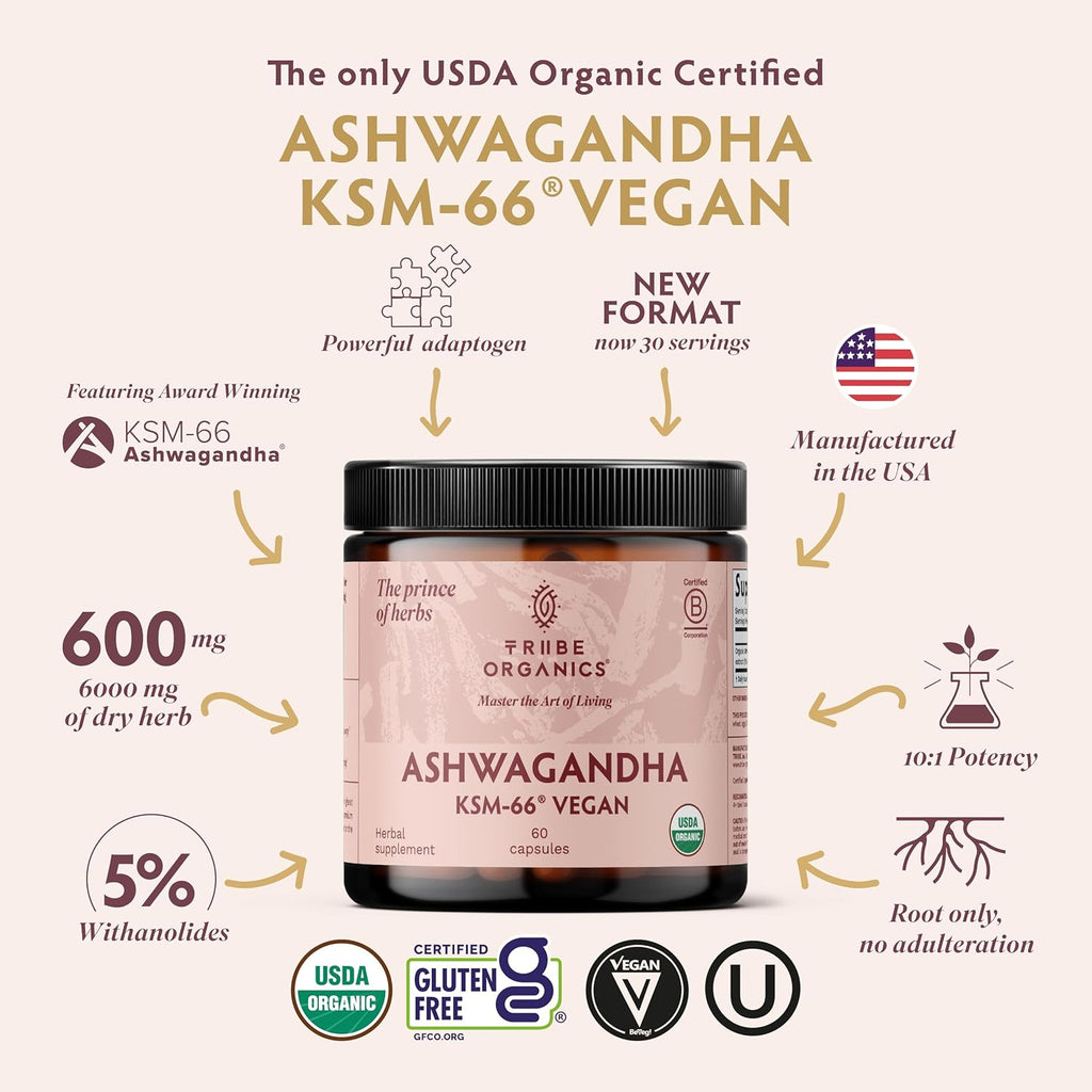 TRIBE ORGANICS Ashwagandha KSM-66 Vegana 600mg - 60 Cápsulas