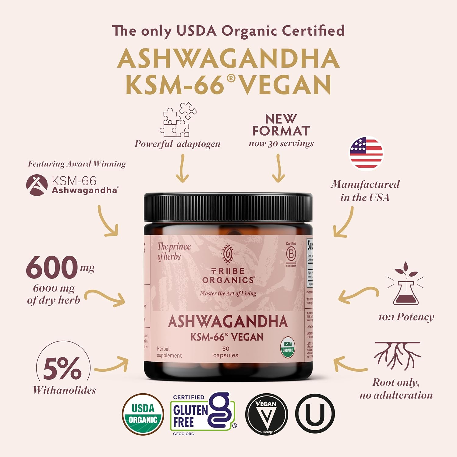 TRIBE ORGANICS Ashwagandha KSM-66 Vegana 600mg - 60 Cápsulas