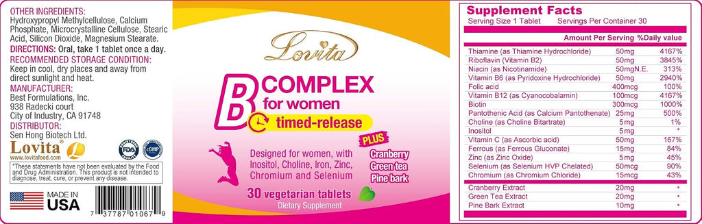 Complejo B de Alta Potencia para Mujeres con Liberación Prolongada - LOVITA - Vitaminas B con Hierro, Vitamina C, Arándano Rojo, Corteza de Pino y Té Verde - 90 Comprimidos (3 Envases de 30)