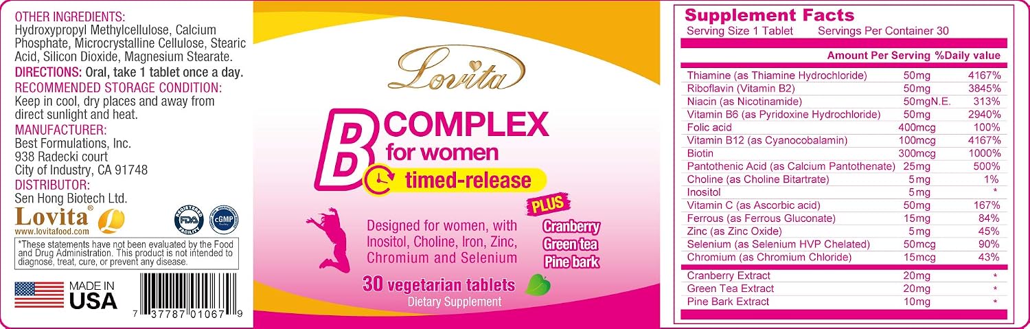 LOVITA Complejo B de Alta Potencia para Mujeres, Liberación Prolongada, con Hierro, Vitamina C, Arándano Rojo, Corteza de Pino y Té Verde, 30 Comprimidos Vegetarianos (Pack de 3)