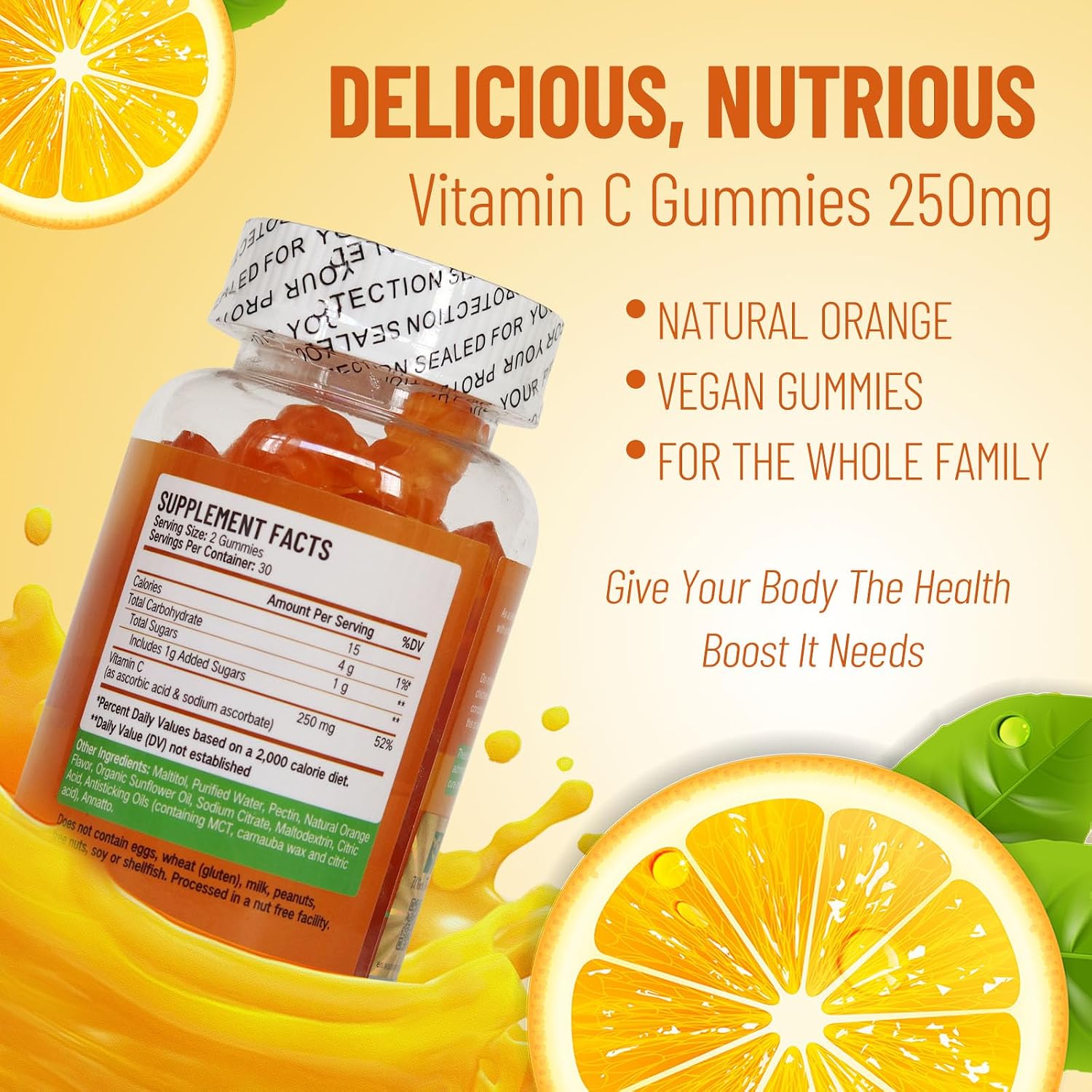 Vitamin C Gummies 250mg – 60 Gomitas con Sabor a Naranja para Adultos, Veganas, Sin Gluten