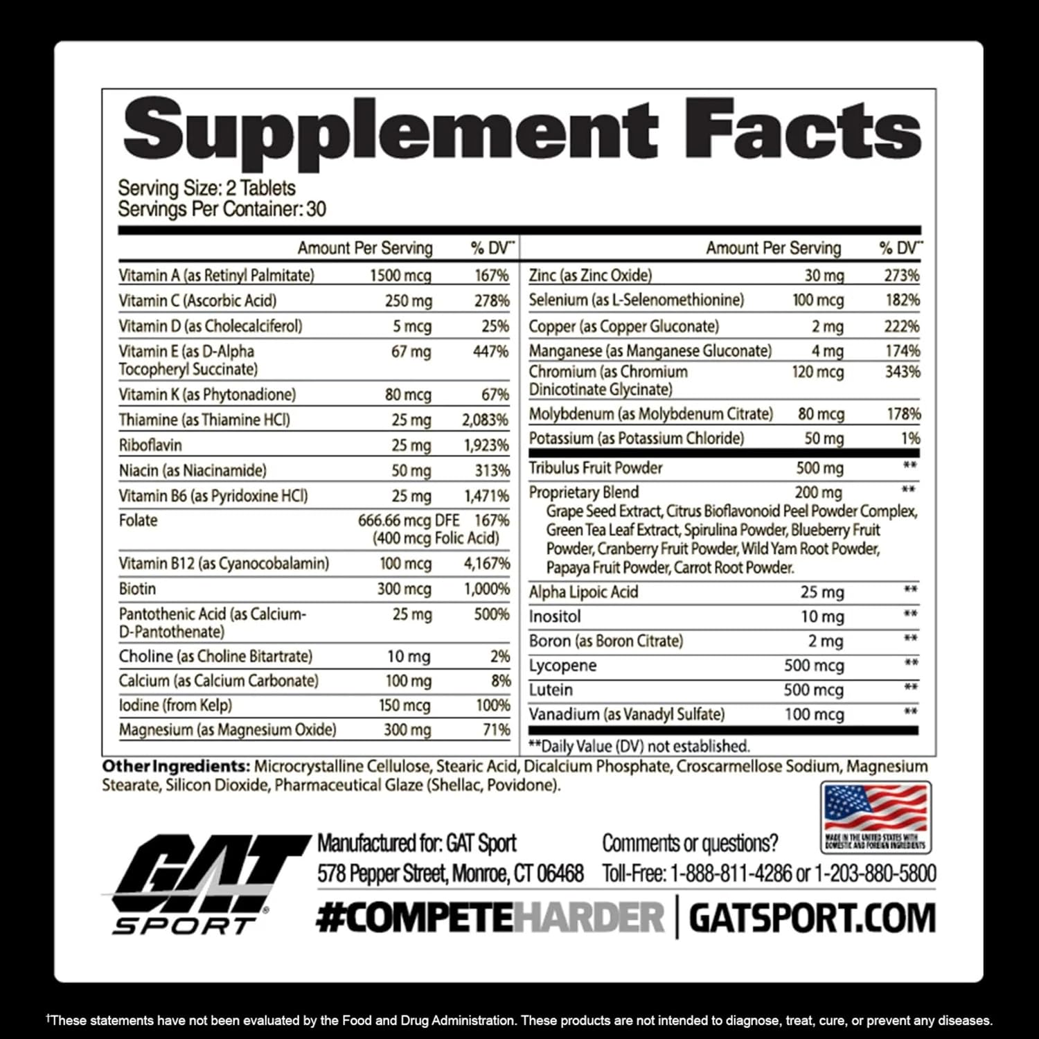 GAT SPORT Men's Multi + Test, Multivitamínico Premium para Hombres (60 Comprimidos)