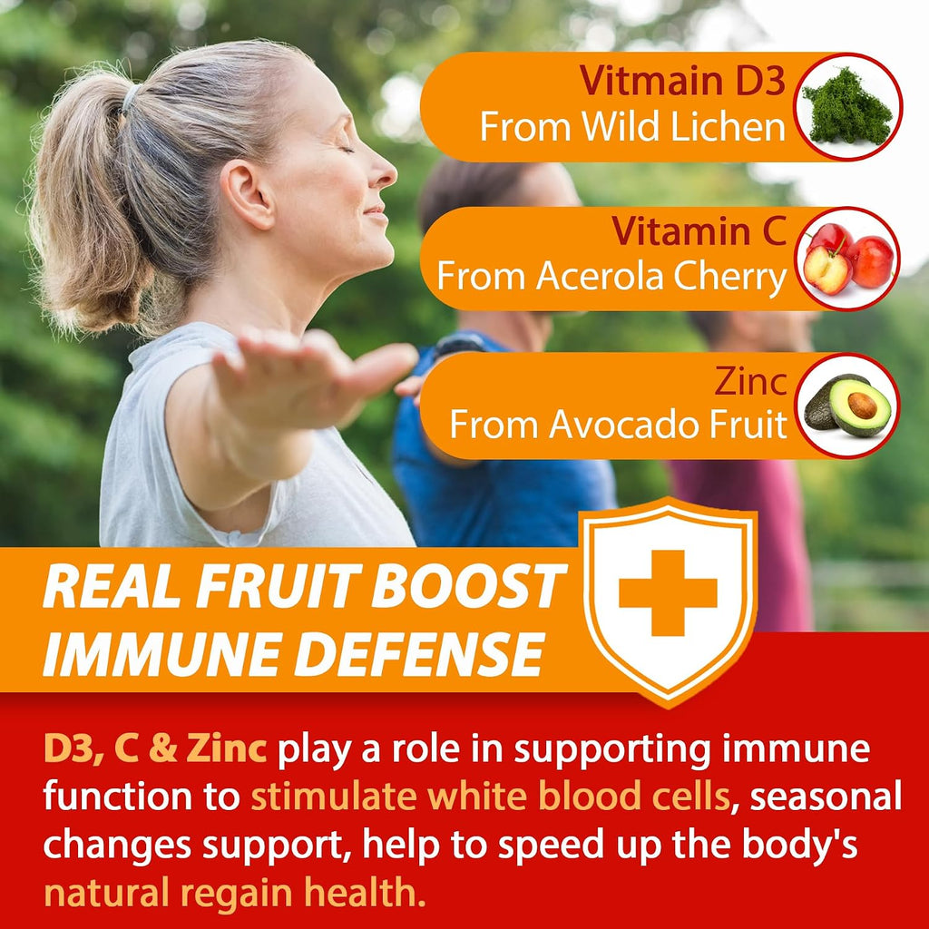 Gominolas Sin Azúcar de Vitamina C + D3 + Zinc para Adultos 50+, 9 en 1 Suplemento Defensa Inmune con D3 5000IU, Saúco, Equinácea, Gordolobo, Antioxidante, Vegano (Pack de 1)