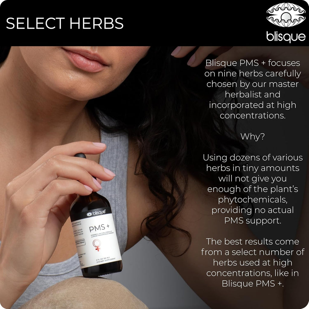 Blisque PMS+ – Suplemento Natural para el Síndrome Premenstrual, Alivio de Cólicos e Hinchazón | Equilibrio Hormonal | Vegano y No-GMO | 59 ml | 59 Dosis