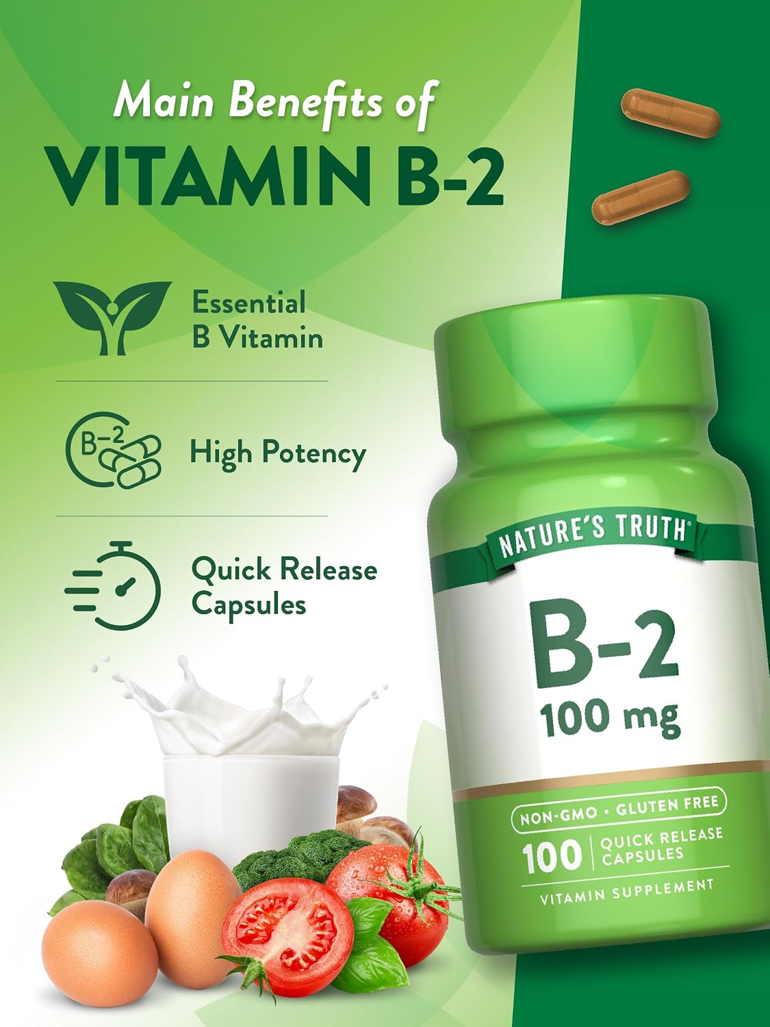 Nature's Truth Vitamina B2 (Riboflavina) 100 mg, 100 Cápsulas - Suplemento sin OGM y sin gluten