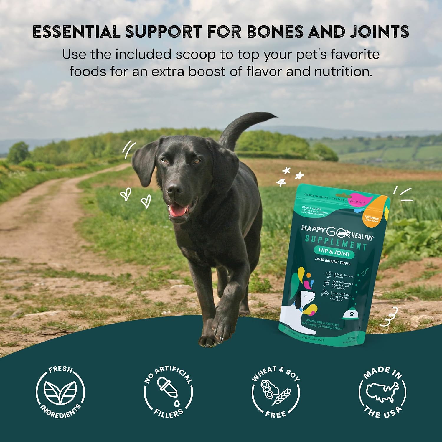 Suplemento para Articulaciones y Cadera para Perros | Happy Go Healthy | Apoya la Salud Articular y Movilidad | Ingredientes Naturales, Cobertura de Comida | 60 unidades