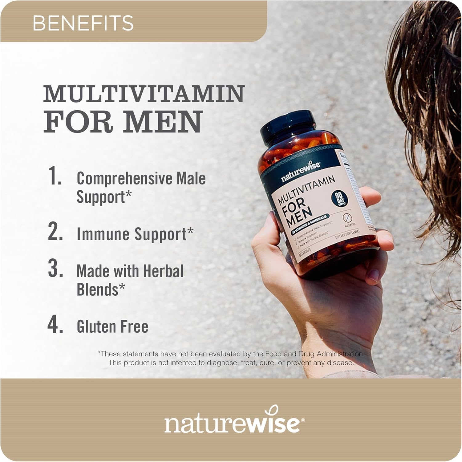 NatureWise Multivitamínico para Hombres - Apoyo Diario - Minerales y Hierbas para Energía, Rendimiento, Inmunidad - con Vitamina A, C, D, Complejo B - Sin Soja ni Gluten, No GMO - 90 Cápsulas
