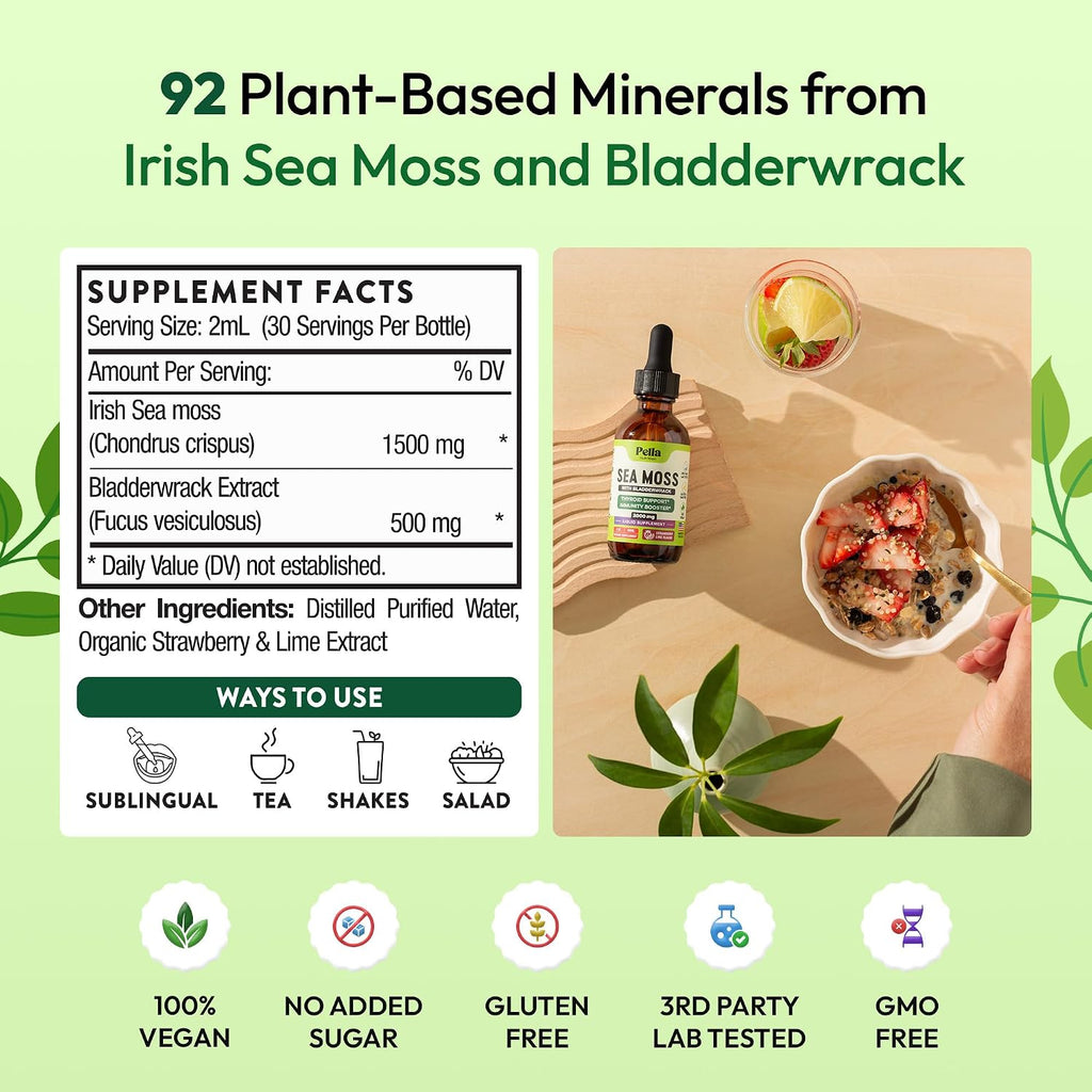 Pella Nutrition Sea Moss Drops con Bladderwrack – Gotas de Musgo Marino Irlandés de Absorción Rápida (Sabor Fresa y Lima, 60 ml)