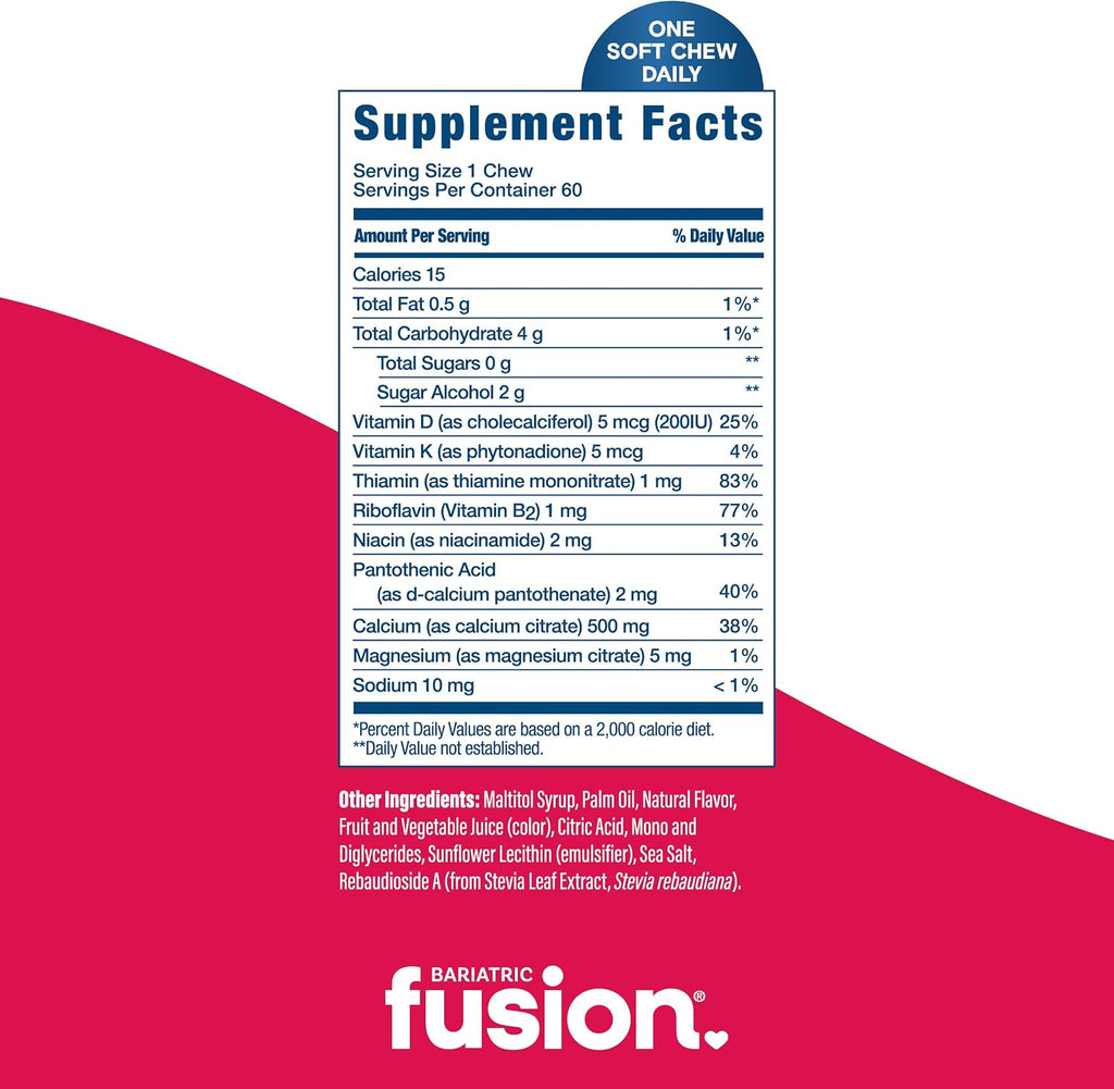 Bariatric Fusion Calcium Chews - Citrato de Calcio con Vitamina D3 - Masticable Sabor Fresa - 60 unidades