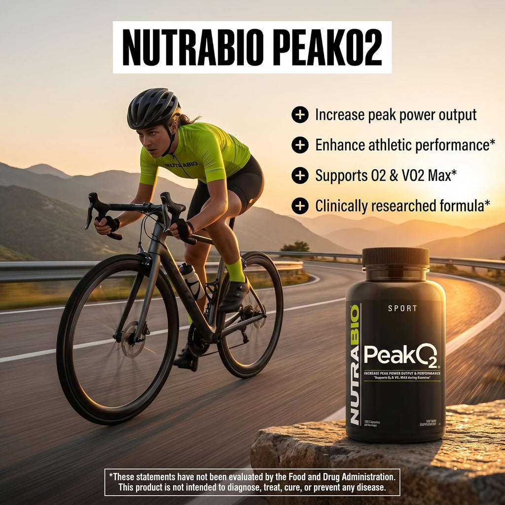 NutraBio PeakO2 Suplemento de Hongos, 180 Cápsulas - Mezcla de Hongos Adaptógenos para Rendimiento Atlético y Salud General