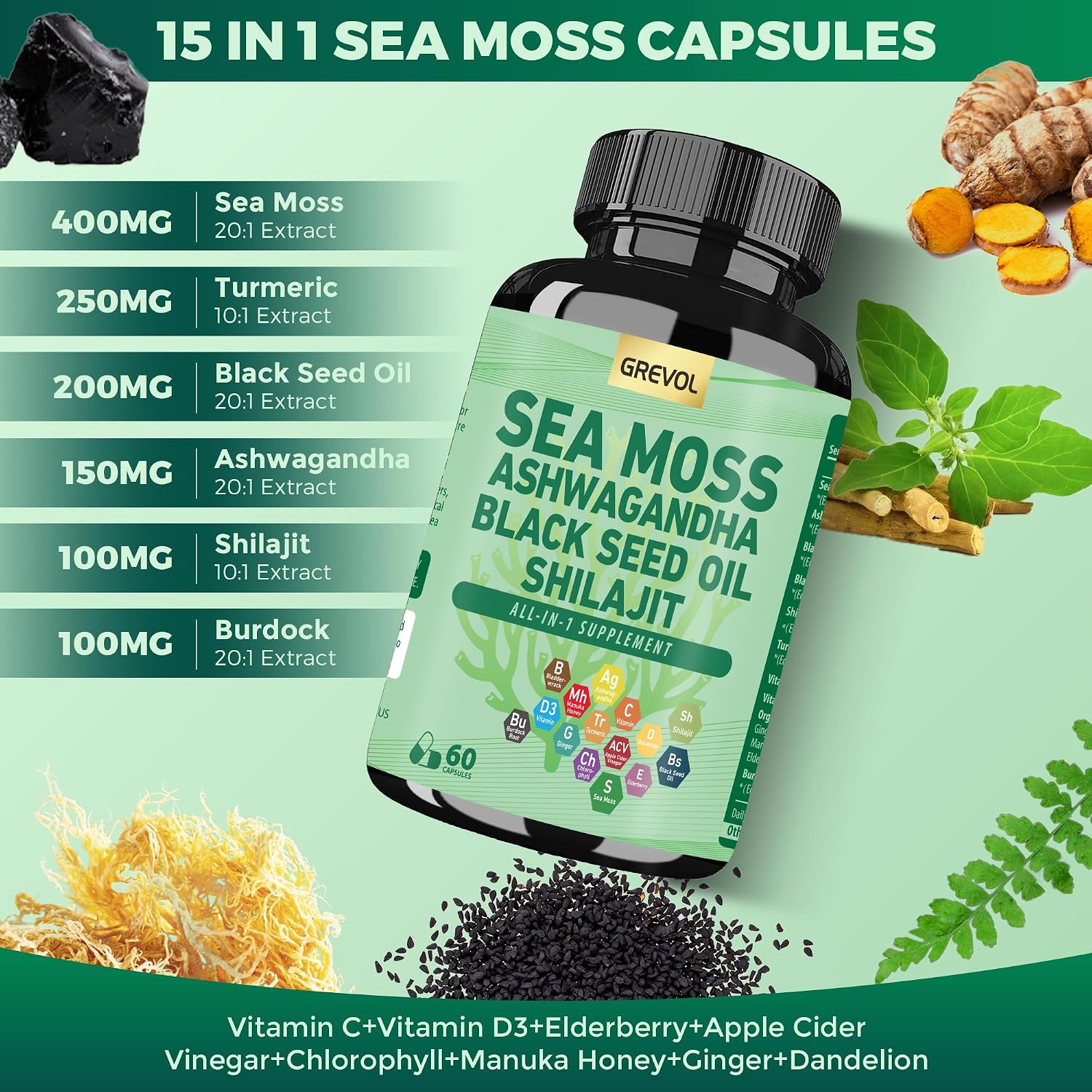 Grevol Sea Moss, Ashwagandha y Shilajit - Cápsulas 15 en 1 (60 uds)