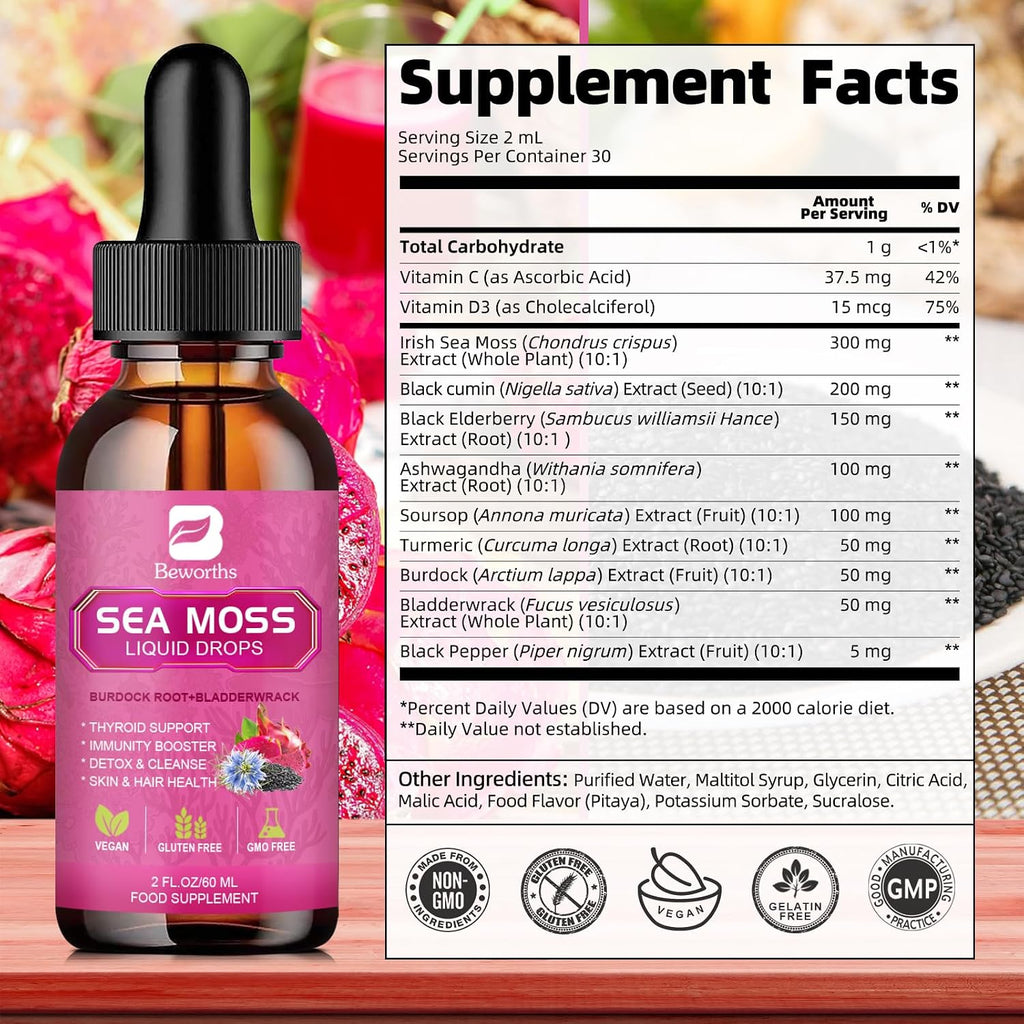 Sea Moss Liquid Drops - Musgo Marino Irlandés Orgánico con Aceite de Semilla Negra, Espirulina, Saúco y Vitaminas C y D3