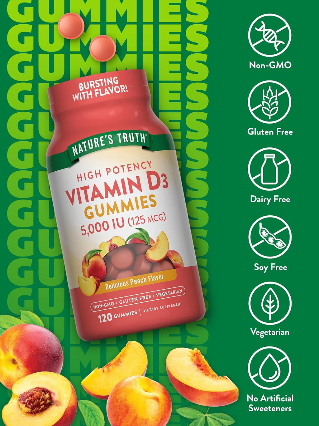 Nature's Truth Vitamina D3 Gummies 5000 IU - 120 Gomitas Sabor Melocotón Natural