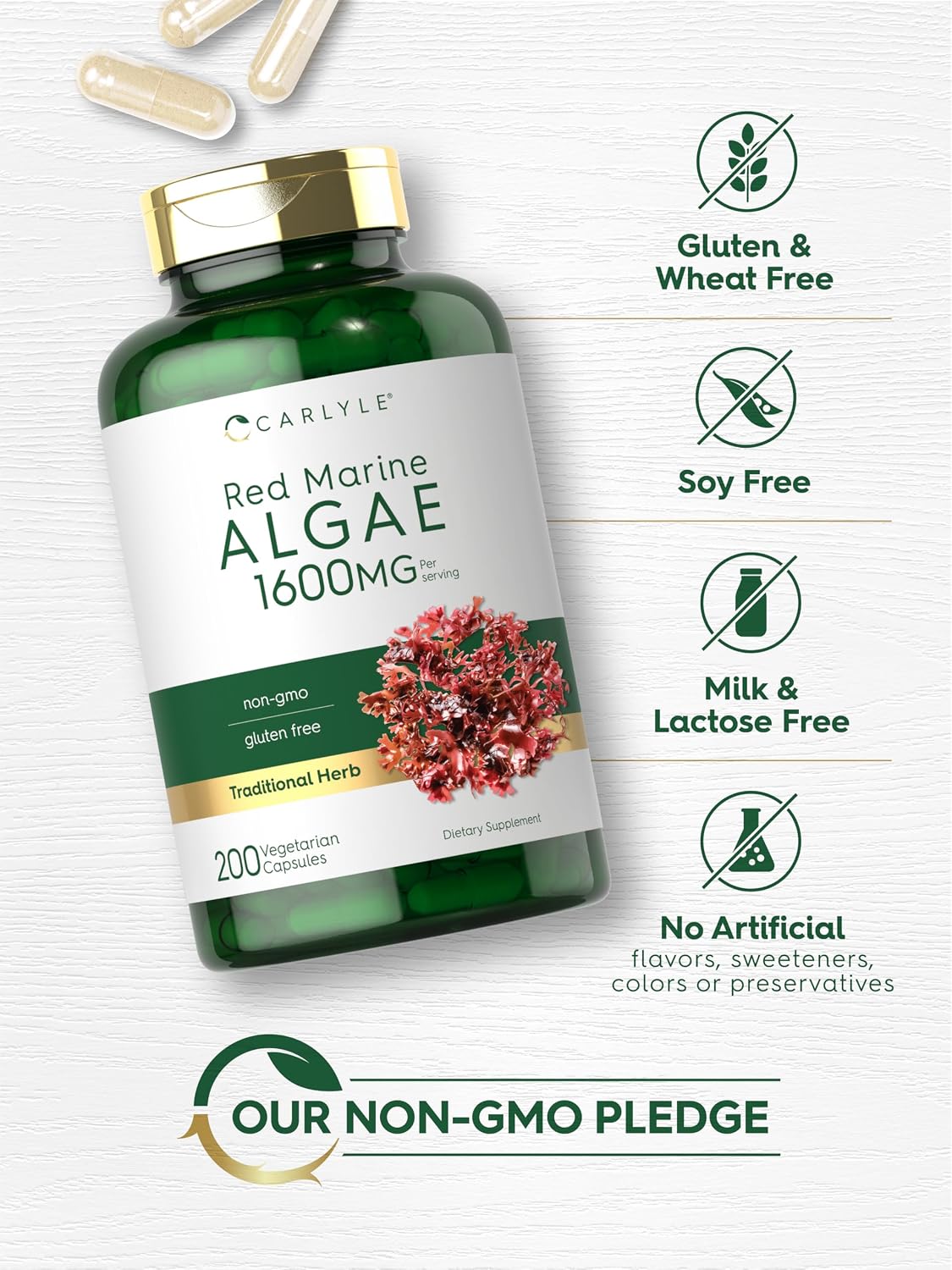 Carlyle Alga Roja Marina 1600mg | 200 Cápsulas | con Calcio, Magnesio y Vitamina D3 | Suplemento Vegetariano, No GMO, Sin Gluten