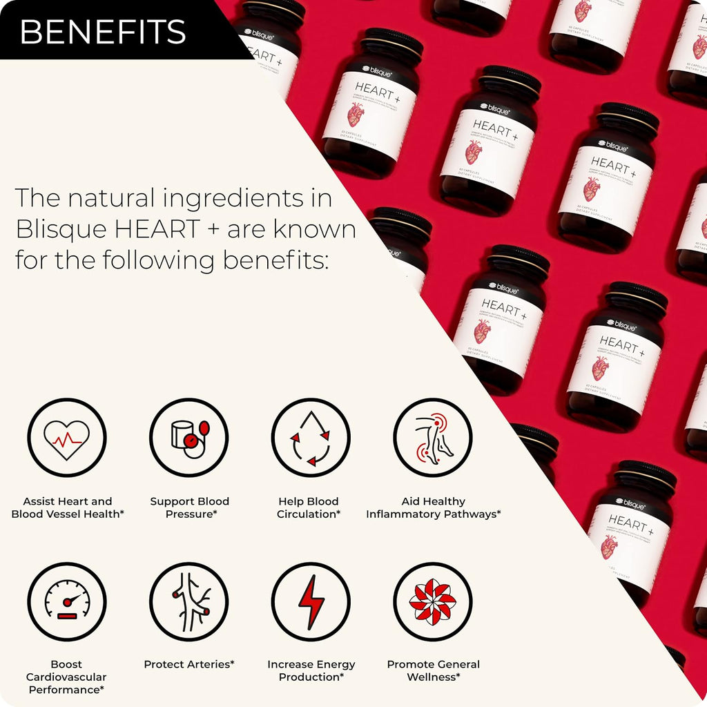 Blisque Heart+ – Apoyo Natural para la Presión Arterial y Salud Cardiovascular | Coenzima Q10, Espino Blanco, Remolacha, Cúrcuma | 90 Cápsulas