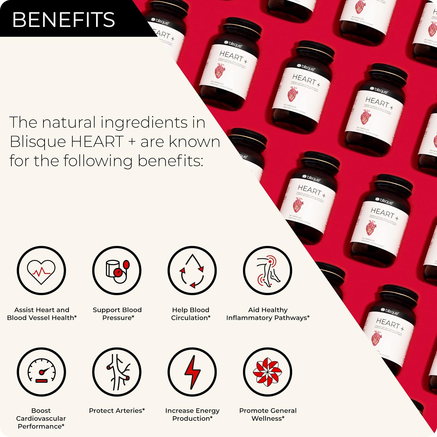 Blisque Heart+ – Apoyo Natural para la Presión Arterial y Salud Cardiovascular | Coenzima Q10, Espino Blanco, Remolacha, Cúrcuma | 90 Cápsulas