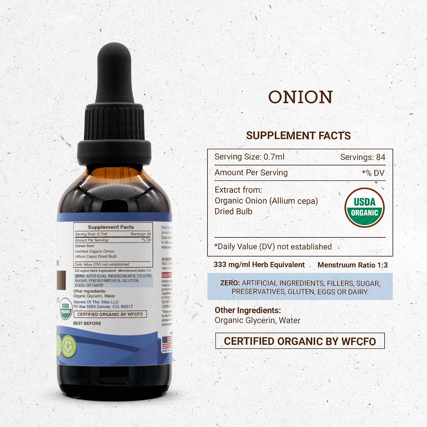 Secrets of the Tribe Cebolla Ecológica USDA - Extracto sin Alcohol, Gotas Herbales de Alta Potencia (60 ml)