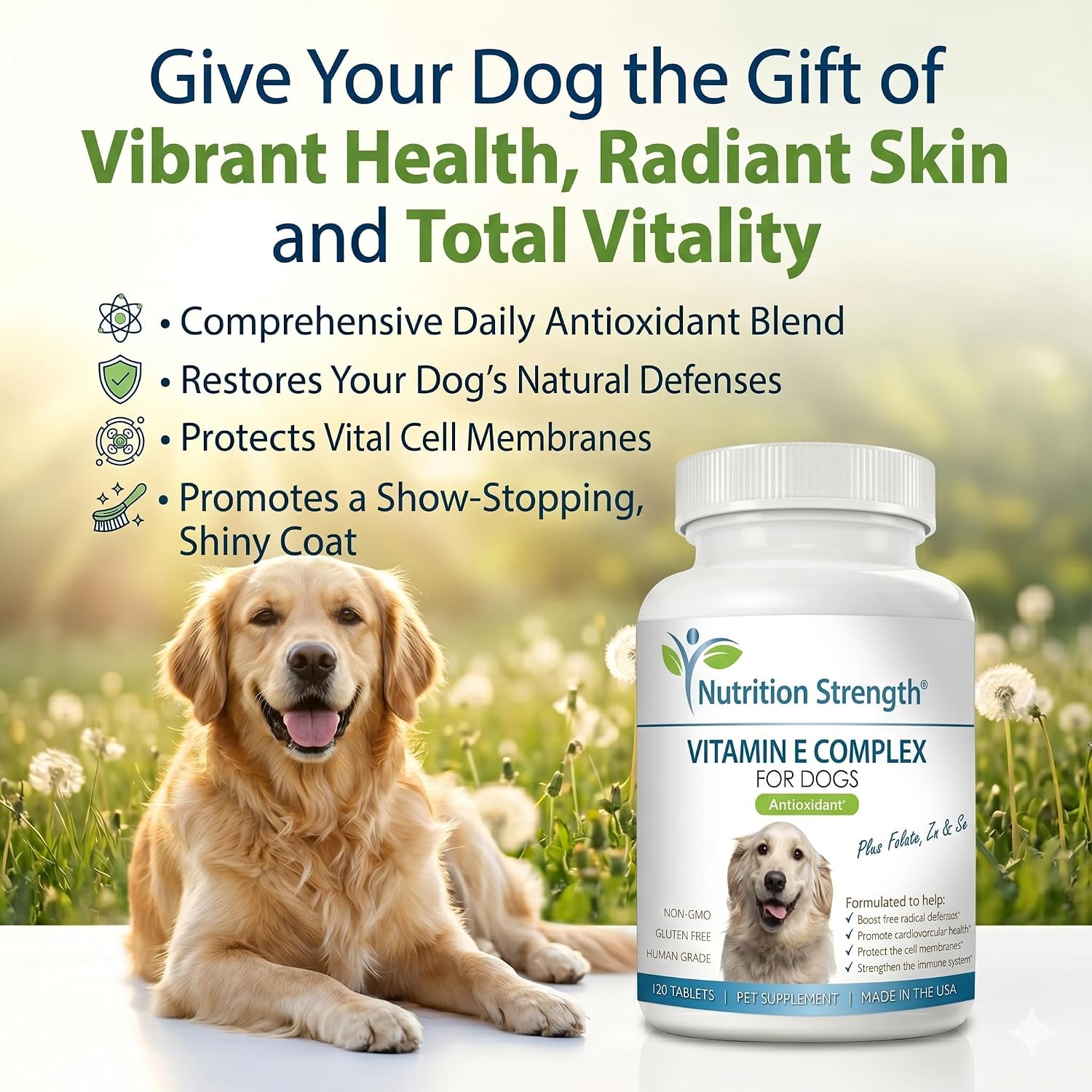 Complejo de Vitamina E para Perros con Zinc, Selenio, Folato y Aceite de Salmón - 120 Comprimidos Masticables