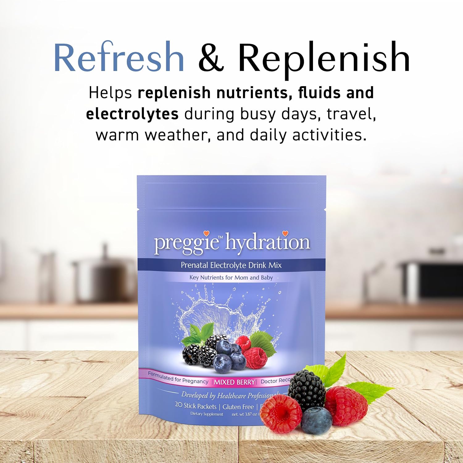 Three Lollies Preggie Hydration Packets - Sobres de Hidratación para Embarazadas con Electrolitos y Vitamina B6, Sabor Mixed Berry, 20 Sobres Individuales