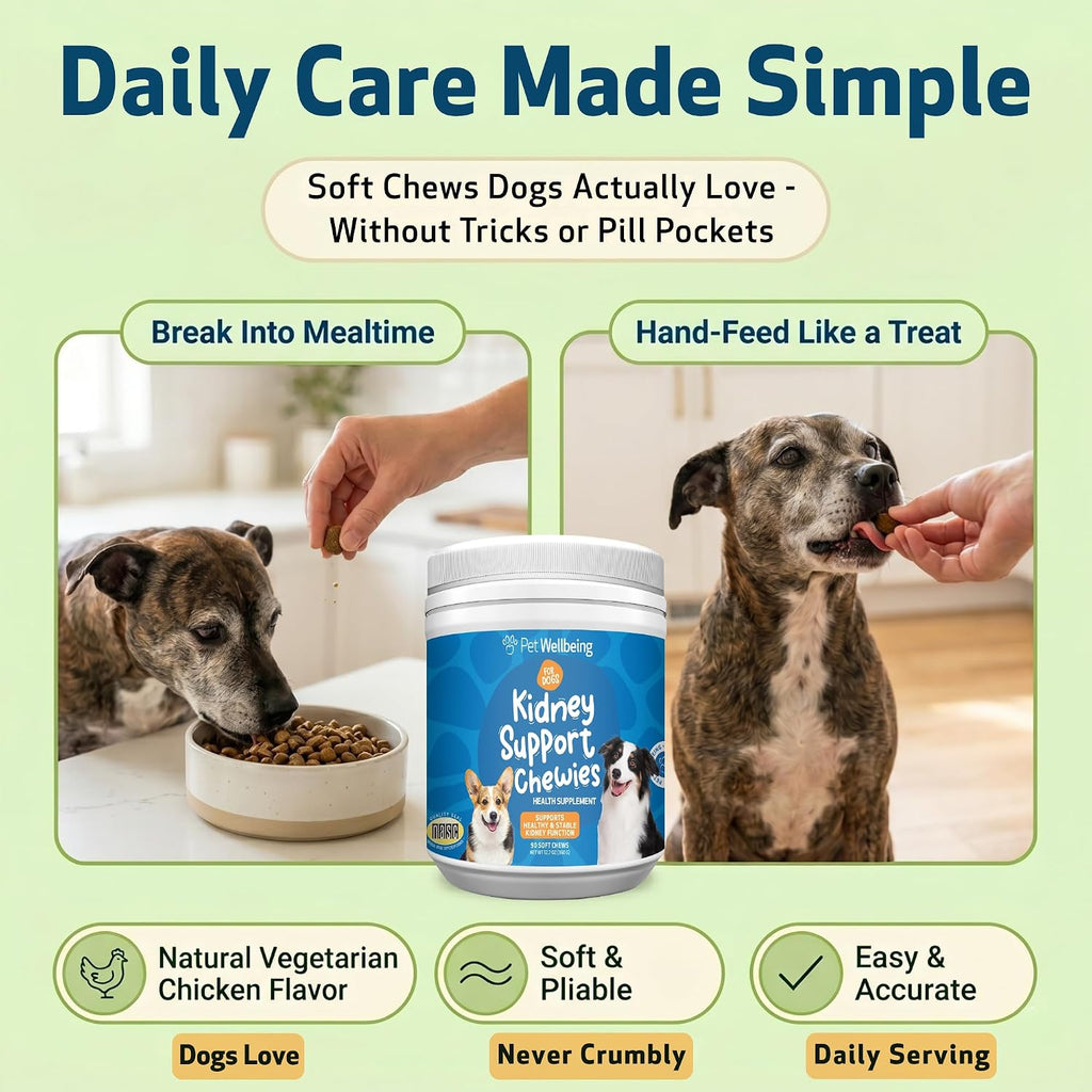 Pet Wellbeing Kidney Support Chewies para Perros - Apoyo Renal - 90 Masticables Blandas