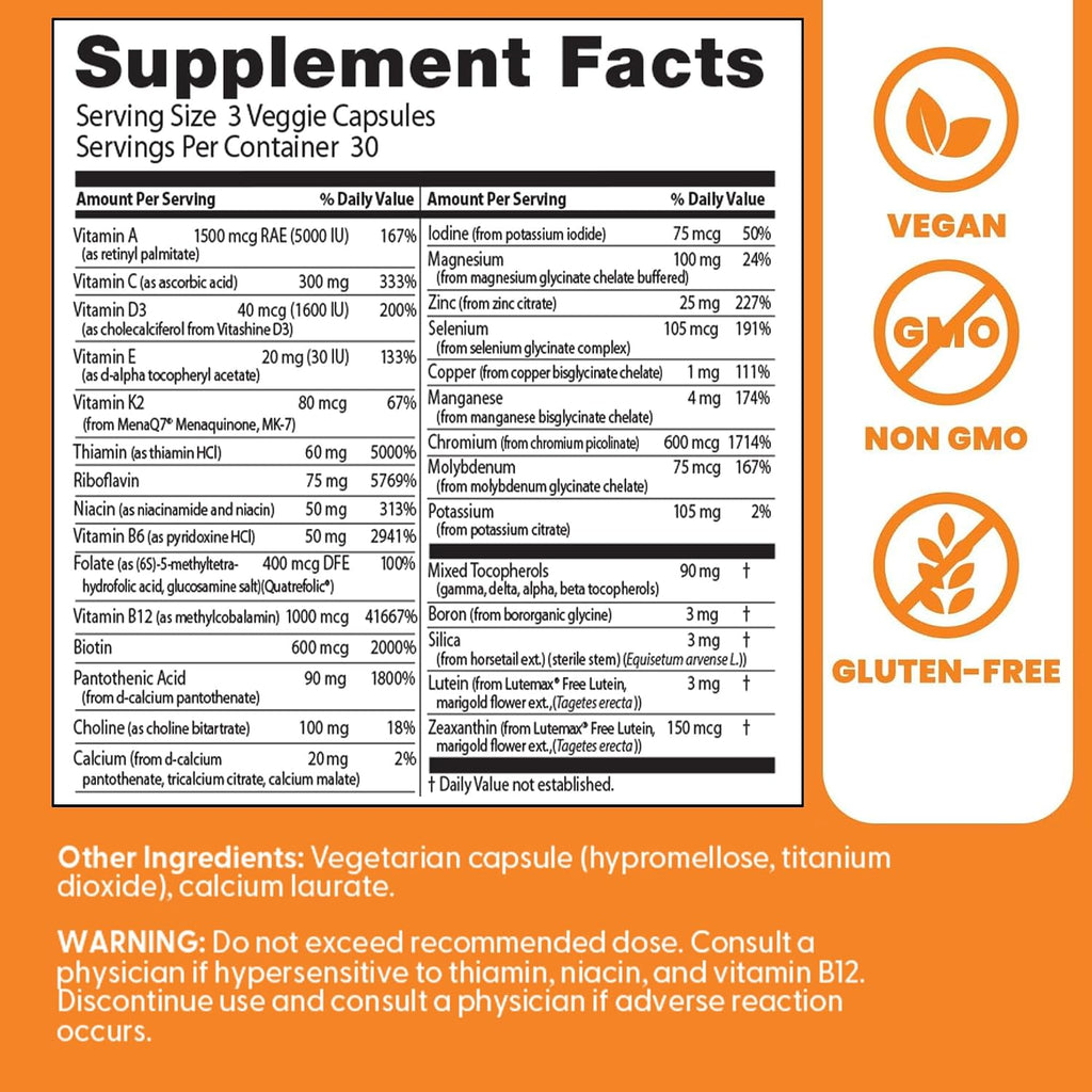 Doctor's Best Multi-Vitamin & Mineral Complex - Daily Vegan Multivitamin for Women & Men, Vitamins A, C, D3, E, K2, Riboflavin & Niacin, Adult Supplement, Non-GMO - 90 Veggie Capsules