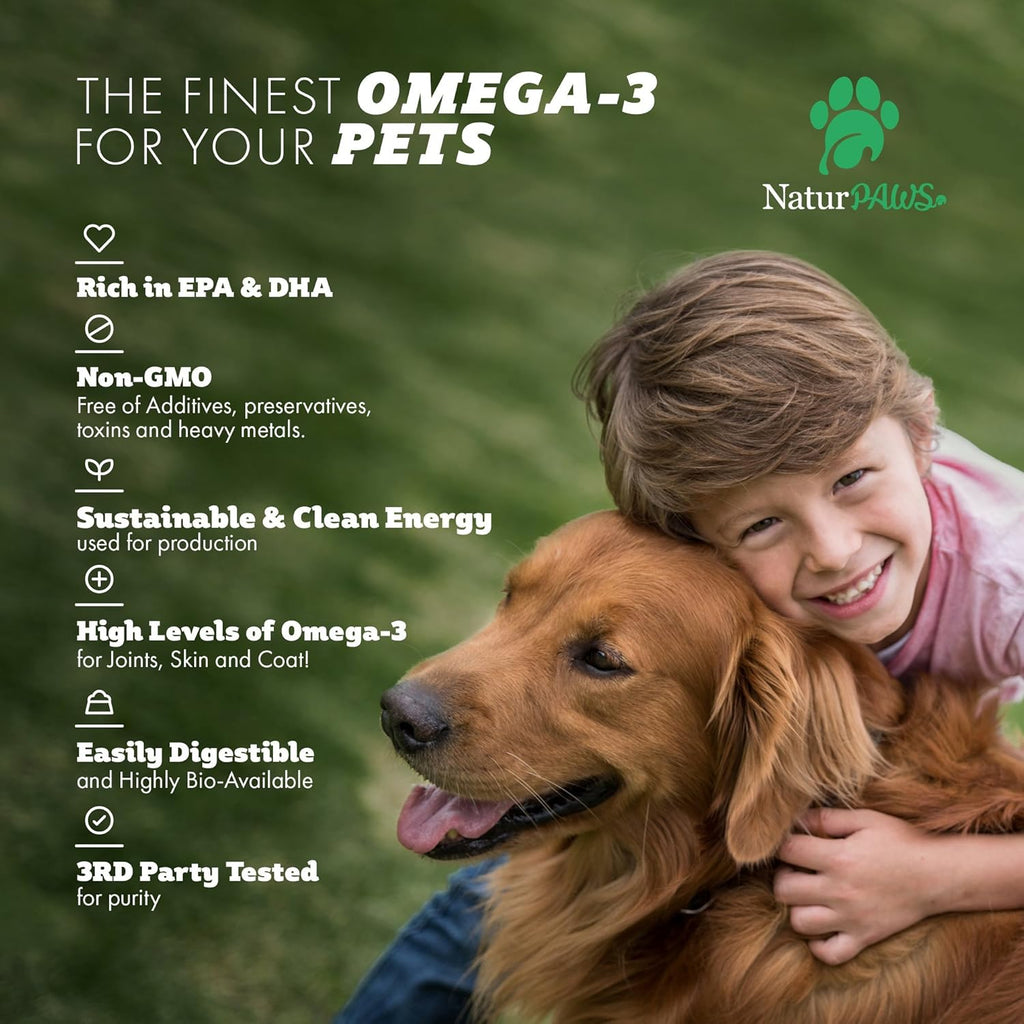 NaturPAWS Omega 3 para Perros y Gatos - 1000 mg de DHA y EPA - Apoya Piel, Pelaje, Articulaciones, Corazón y Sistema Inmunológico - 180 Cápsulas Blandas