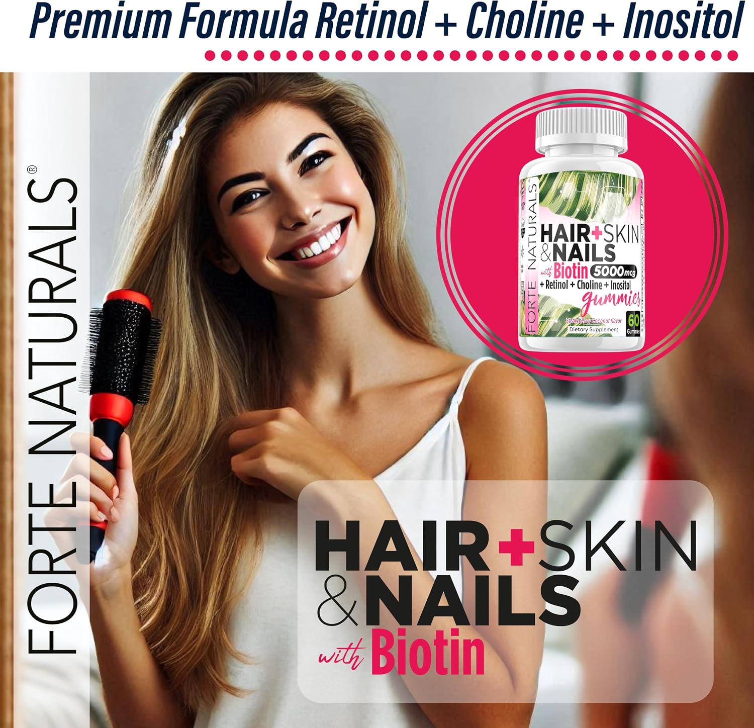 FORTE NATURALS Gominolas de Biotina 5000mcg para Cabello, Piel y Uñas - 60 unidades