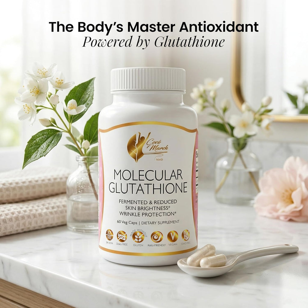 Cocó March N.M.D. Glutatión Molecular 500 mg – Antioxidante Potente para Apoyo Inmunológico y Belleza, Bajo Peso Molecular, Vegano, Sin Gluten, Soja y Lácteos, 60 Cápsulas Vegetales