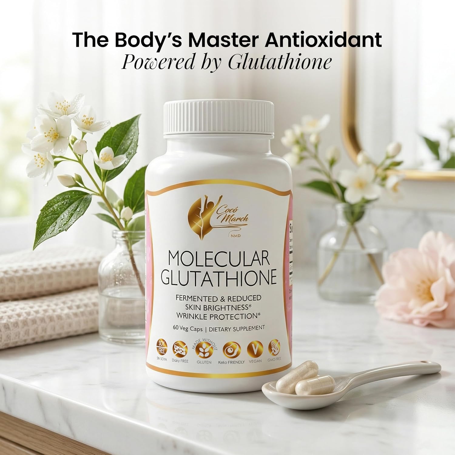 Cocó March N.M.D. Glutatión Molecular 500 mg – Antioxidante Potente para Apoyo Inmunológico y Belleza, Bajo Peso Molecular, Vegano, Sin Gluten, Soja y Lácteos, 60 Cápsulas Vegetales