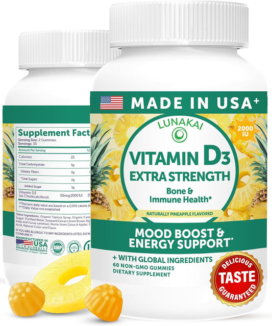Lunakai Vitamina D3 Gomitas 2000 UI - No-GMO, Sin Gluten, Sabor Piña - 60 Unidades