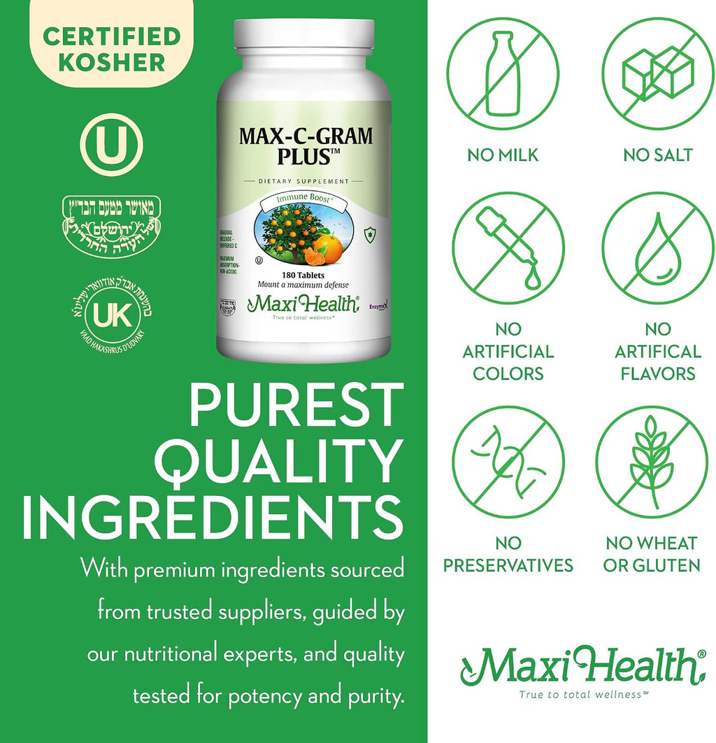 Maxi Health Vitamina C 1050mg – Buffered C Complex con Ascorbato de Calcio y Bioflavonoides – Liberación Prolongada – 90 Tabletas