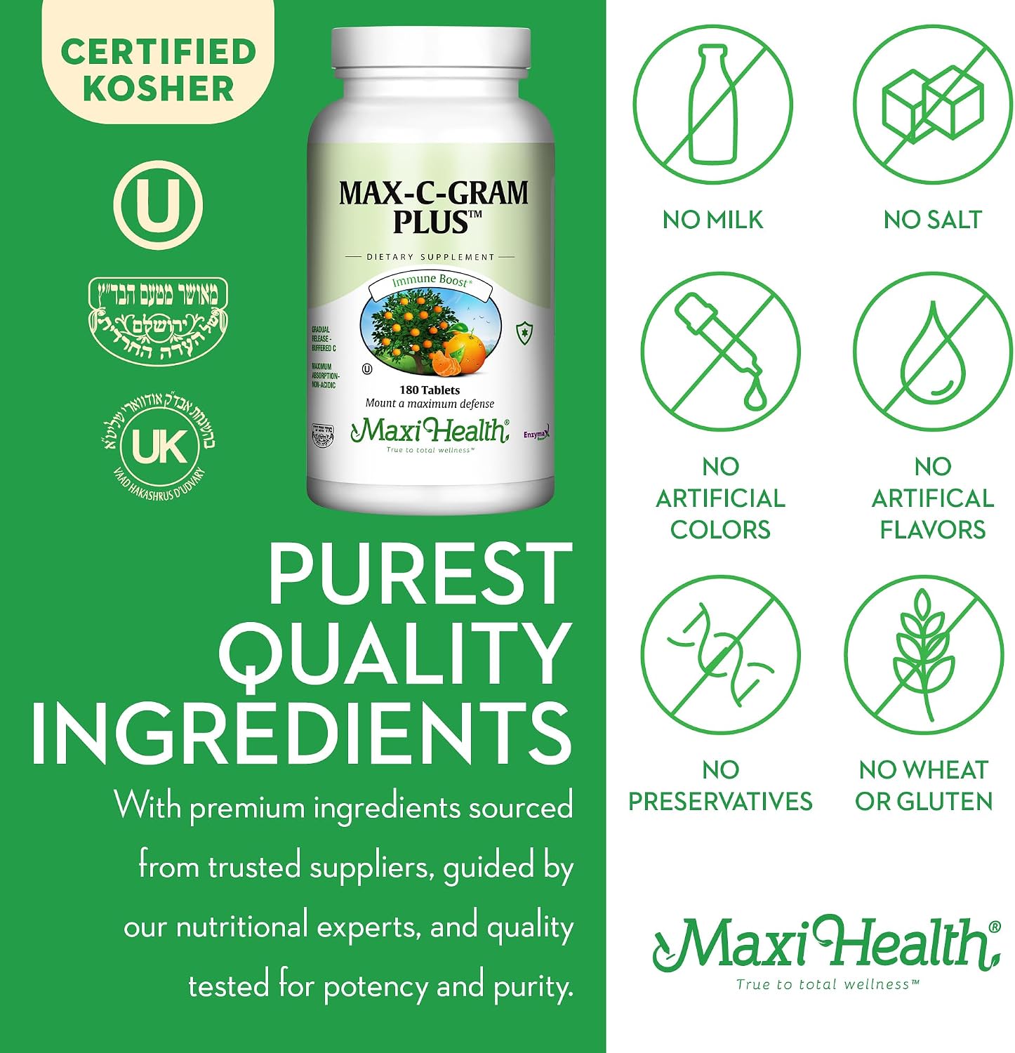 Maxi Health Vitamina C 1050mg – Buffered C Complex con Ascorbato de Calcio y Bioflavonoides – Liberación Prolongada – 90 Tabletas