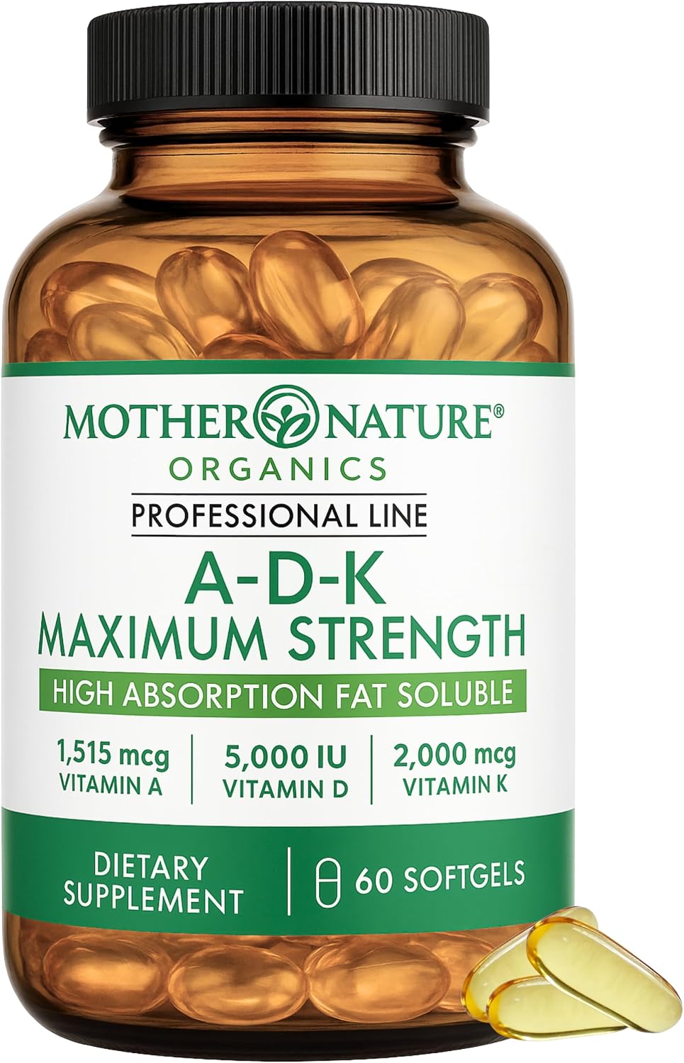 MNO ADK Vitamina D3 5000 UI + A y K2 MK-7, 60 Cápsulas Blandas, No OGM