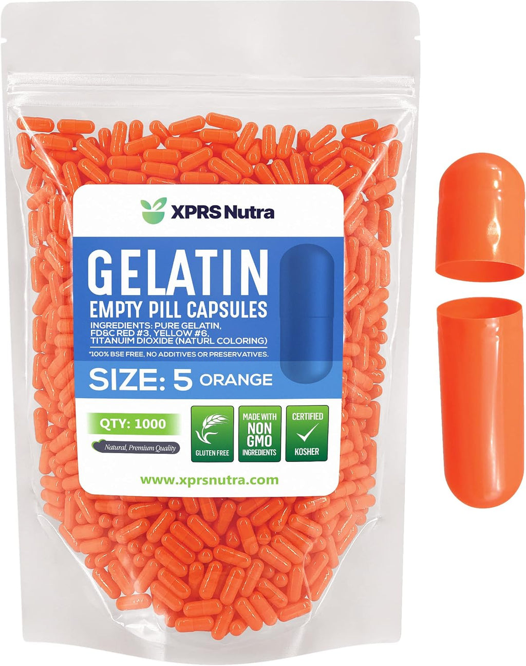 XPRS Nutra Cápsulas Vacías Tamaño 5 - 1000 Unidades - Cápsulas de Gelatina Muy Pequeñas para Rellenar (Naranja)