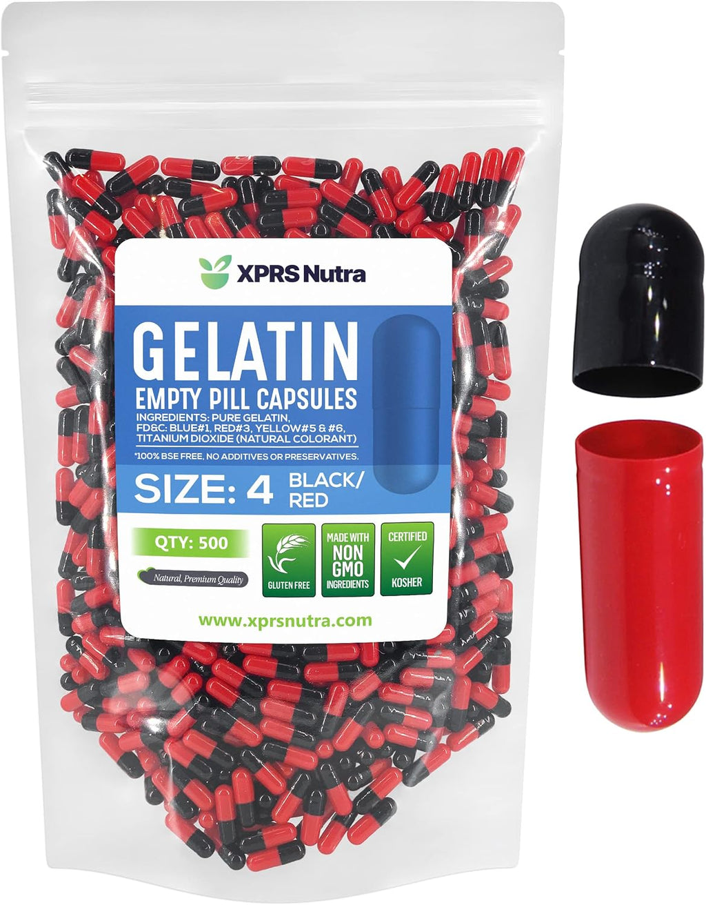 Cápsulas Vacías Tamaño 4 (500 uds.) - Gelatina Bovina - Transparentes (Negro/Rojo) por XPRS Nutra