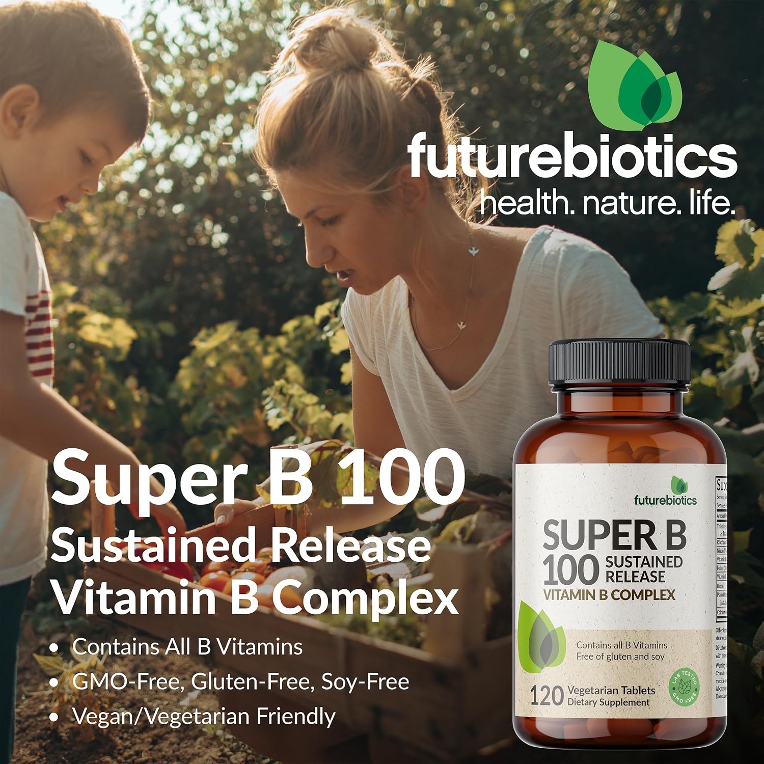 Futurebiotics Super B 100 Liberación Sostenida Complejo de Vitaminas B No Transgénico, 60 Comprimidos Vegetarianos