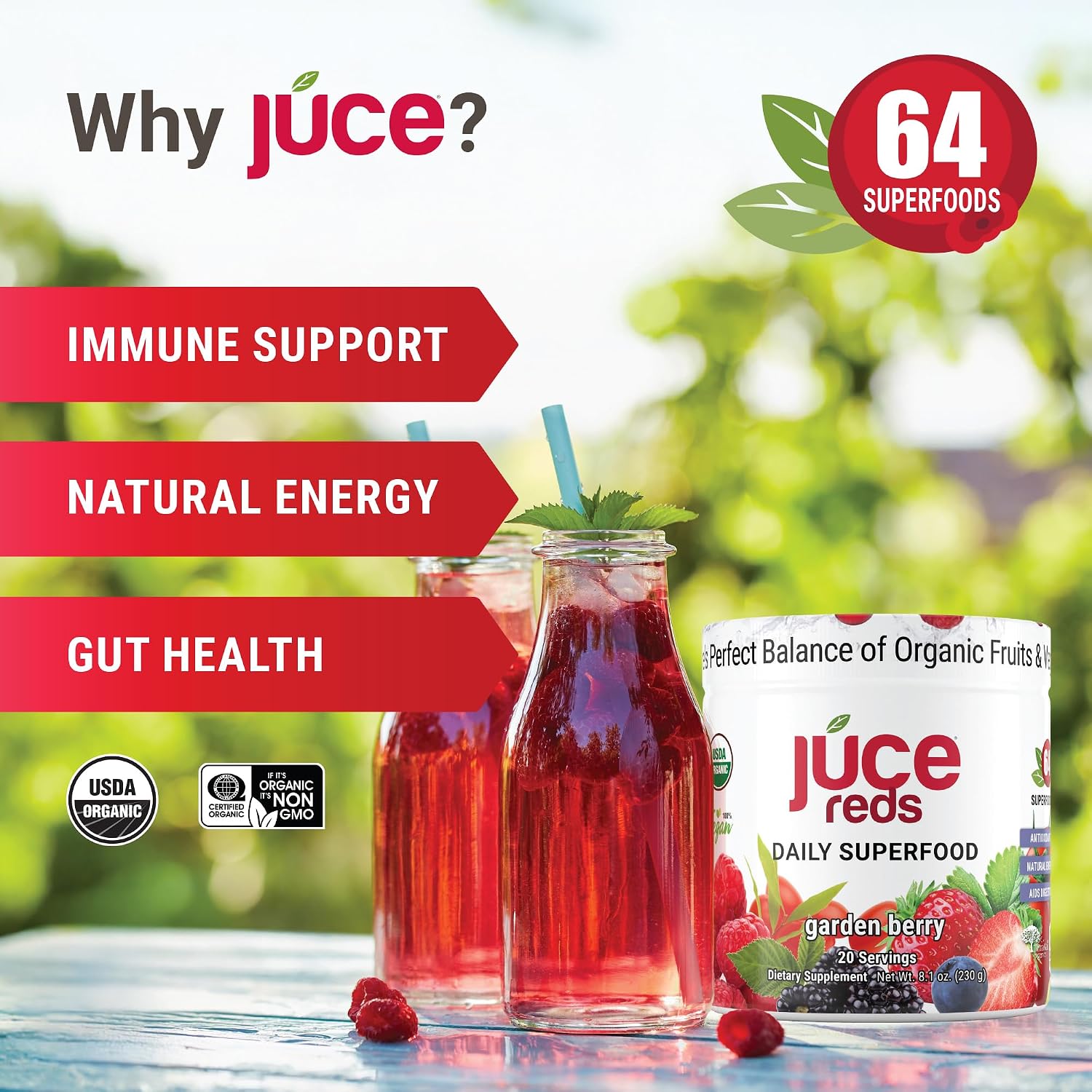 Terra Kai Organics JUCE Reds Superalimento Orgánico en Polvo - Sabor Garden Berry (230g)