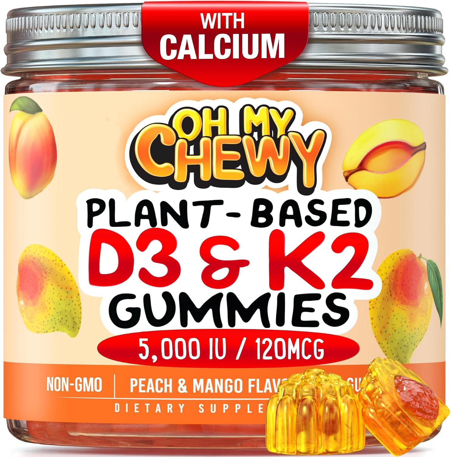 OH MY CHEWY Gominolas de Vitamina D3 K2 y Calcio - 5000 UI D3, 120 mcg K2 (MK-7), 120 mg Calcio - Vegano y no GMO - 120 unidades