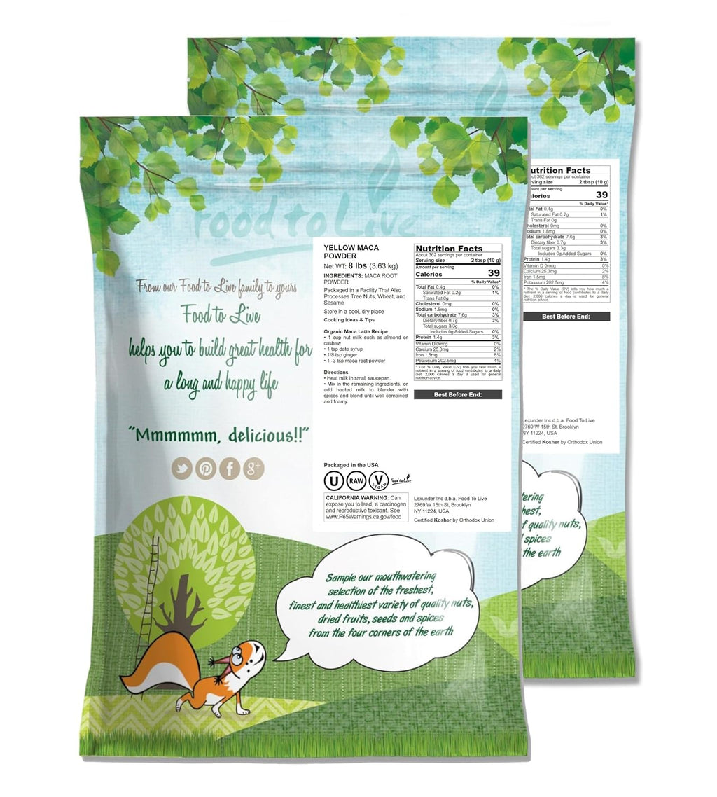 Food to Live Maca Amarilla en Polvo, 7,26 kg – Raíz de Maca Cruda Molida, Vegana, Kosher, Keto, Sin Gelatinizar, Rica en Vitamina C