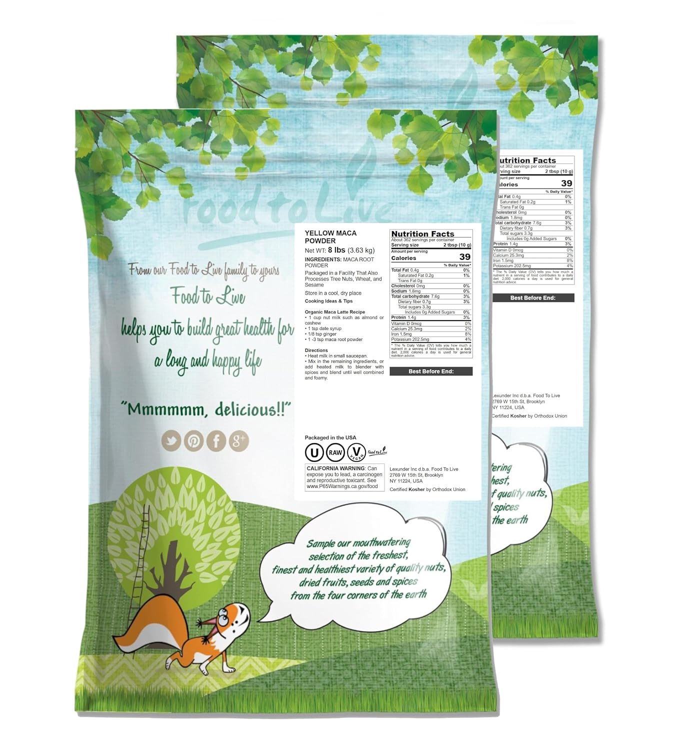 Food to Live Maca Amarilla en Polvo, 7,26 kg – Raíz de Maca Cruda Molida, Vegana, Kosher, Keto, Sin Gelatinizar, Rica en Vitamina C