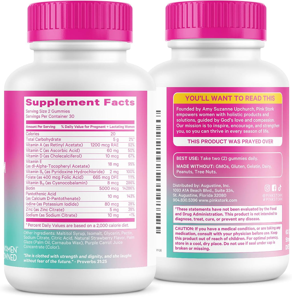 Pink Stork Gominolas para la Caída del Cabello Postparto, 60 unidades | Biotina, Ácido Pantoténico, Vitamina E, B6, B12