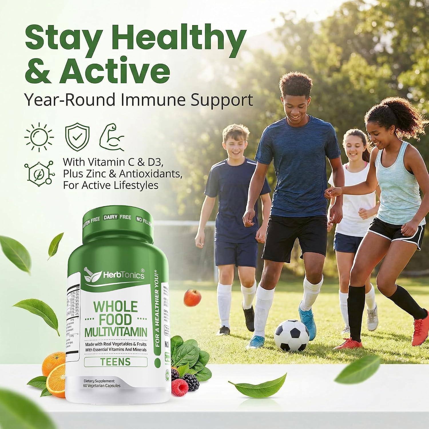 Herbtonics Whole Food Teen Vitamins - Multivitamínico para Adolescentes 12-18 Años - 60 Cápsulas Veganas