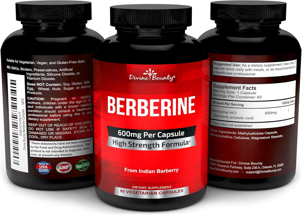Divine Bounty Complejo de Berberina Puro - 600mg por Cápsula de Berberina HCl - 60 Cápsulas Vegetarianas