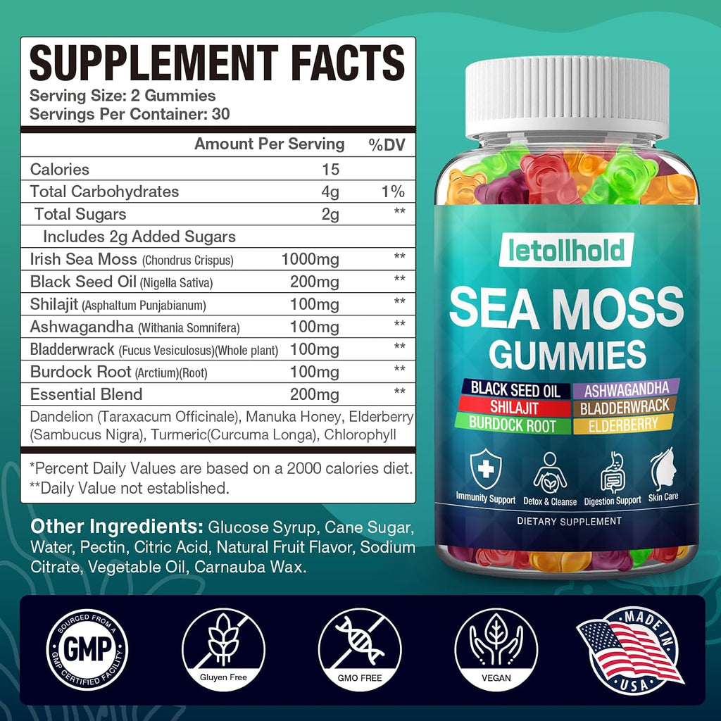Sea Moss Gummies con Ashwagandha, Bladderwrack y Burdock Root - 60 Gominolas Veganas (2 Envases)